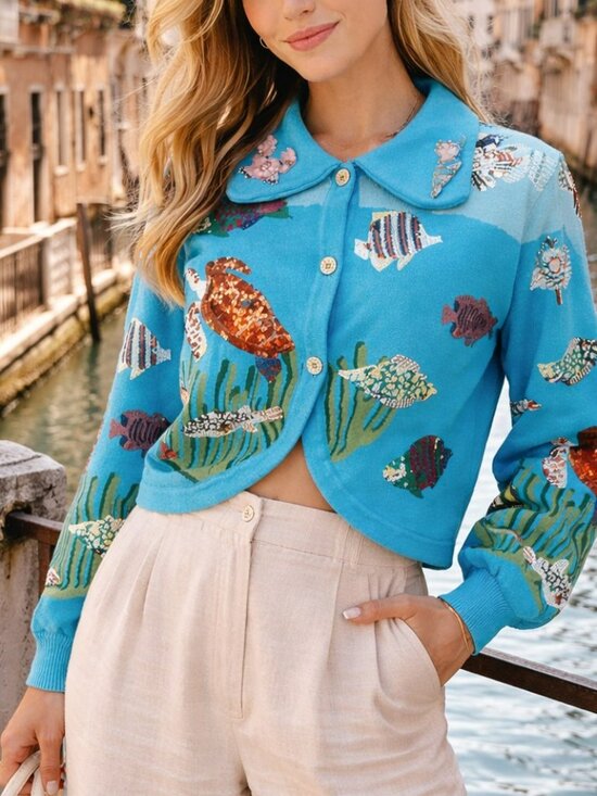 QUEEN OF SPARKLES Sweaters - NWT Queen of Sparkles Blue Under the Sea Button-Up Collar Cardigan